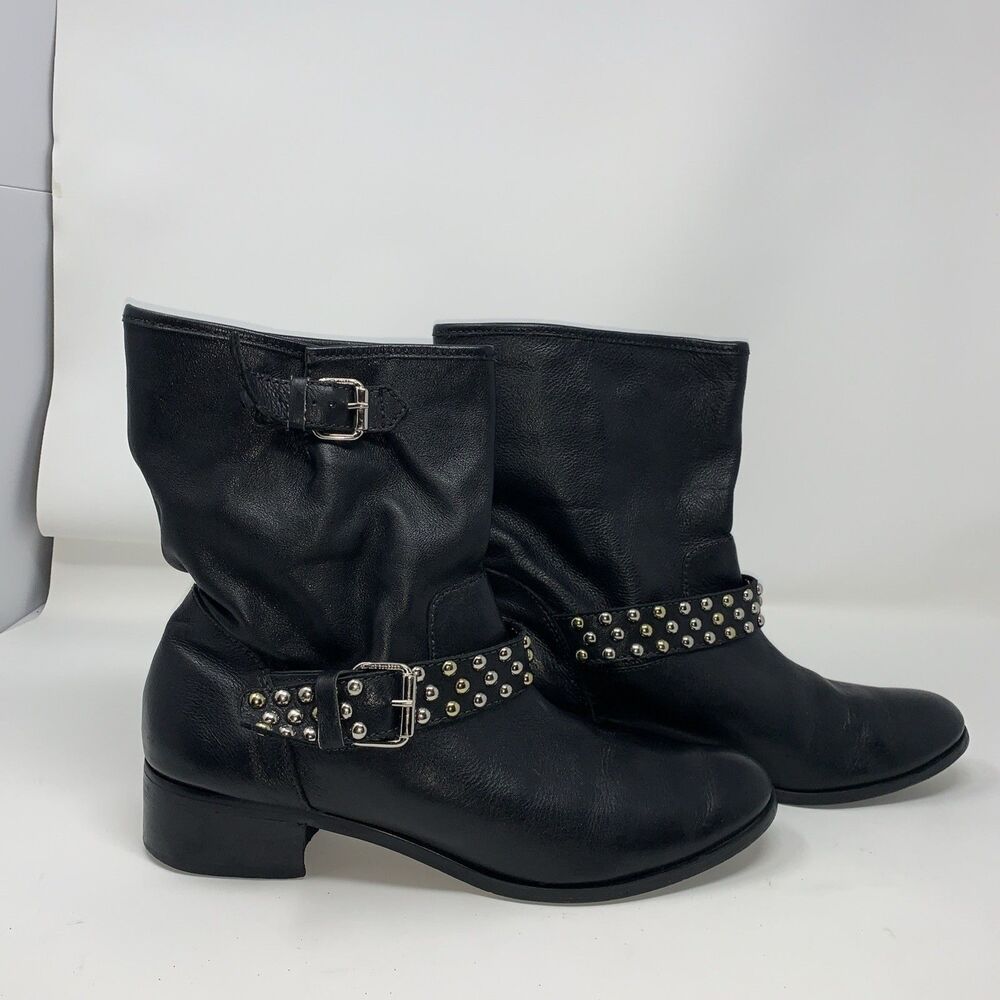 Carmim Women's Biker Moto Boots Black Leather Studded Buckle Strap Ankle Boots